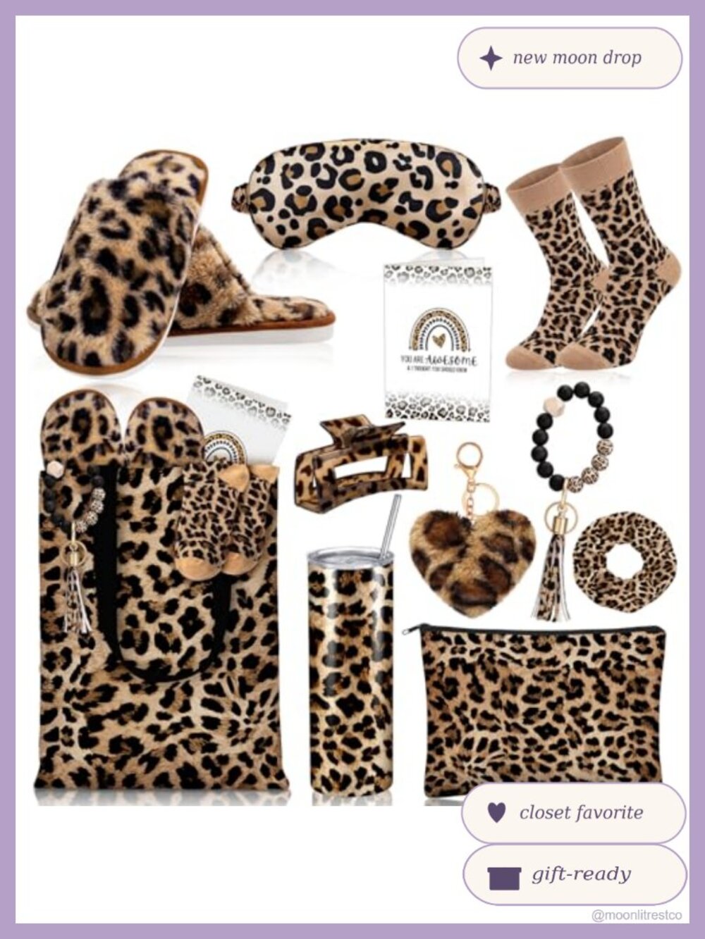 Leopard Print 11 Pc Gift Set Tote Makeup Bag Glass Cup Slippers